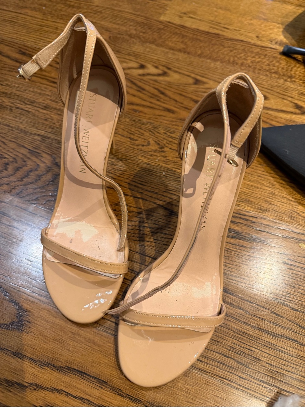 Stuart Weitzman Nude Patent Ankle-Strap Heels